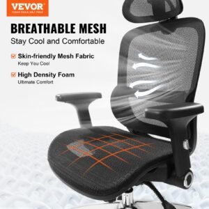 VEVOR Ergonomic Office Chair, Desk Chair with Mesh Seat, Angle and Height Adjustable Home Office Chair with Back, Lumbar and Head Support, Swivel Computer Task Chair